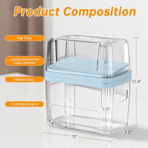 2-in-1 Trash Bag Holder Laundry & Dishwasher Pods Container,Garbage Bag Dispenser with Removable Lids,Kitchen Organizer and Under Sink Storage Box (Blue)