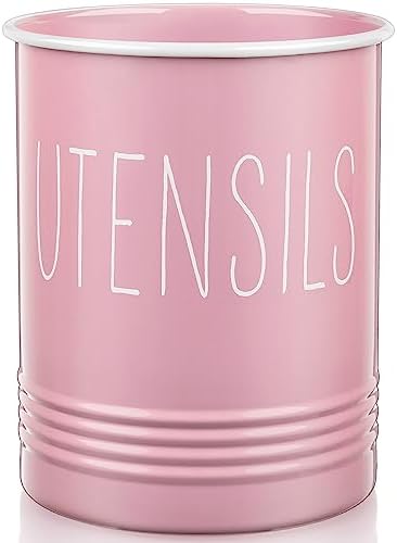 Bivvclaz Kitchen Utensil Holder - 6.7" Utensil Holder for Kitchen Counter - Cooking Utensil Crock with Cork Bottom - Pink Decor and Accessories - Utensil Storage Caddy Organizer