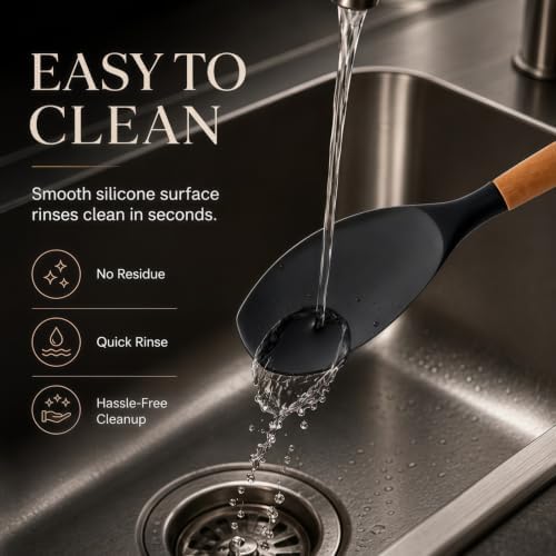Silicone 10 Pcs Kitchen Cooking Utensils Set, Recycled Materials Certification, BPA Free Spatula Set with Heat Resistant Wood Handles for Nonstick Cookware, Black