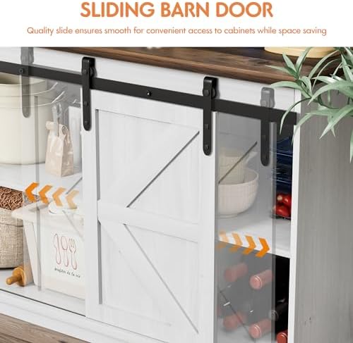 Shahoo Farmhouse Sideboard Buffet Cabinet, Coffee Bar Storage with Sliding Barn Doors, Shelf for Home Dining Room, White