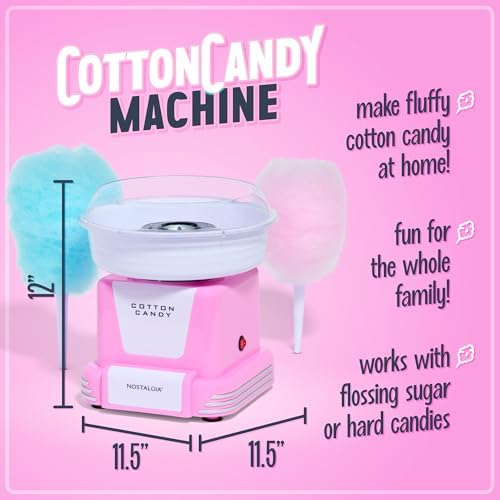 Nostalgia Cotton Candy Machine -Cotton Candy Maker With 2 Reusable Cones, 1 Sugar Scoop - Cotton Candy Machine for Kids Works with Flossing Sugar or Hard Candy for Fun & Convenience-Pink