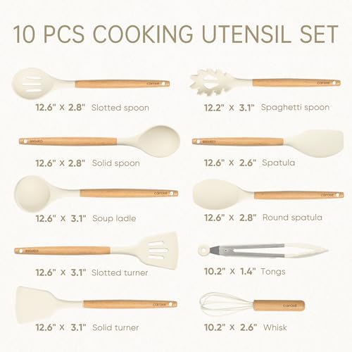 CAROTE Silicone Cooking Utensils Set, Kitchen Utensils Set 10 Pcs for cooking, BPA Free Spatula Set with Heat Resistant Wood Handles for Nonstick Cookware (Cream White) (Pack of 2)