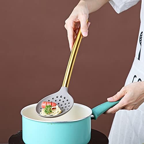 Gold Skimmer, Berglander Non-stick Silicone Strainer With Titanium Gold Plating handle, Kitchen Cooking Skimmers For Non-Stick Cookware, Dishwasher Safe, Easy to Clean