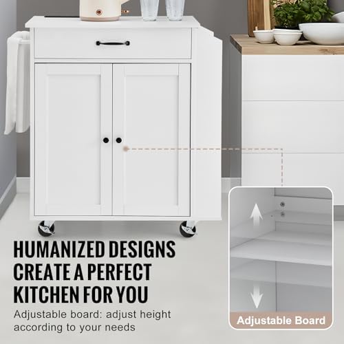 VEVOR Kitchen Island Cart, 32" Mobile Carts with Storage Cabinet, Rolling Table with Power Outlet, Spice Rack, Towel Bar, Adjustable Shelf, Drawer, Dining Living Room Portable Islands on Wheels, White
