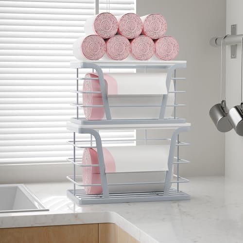 TIDIIABODE 2 Pack Gray Trash Bag Organizer for Kitchen and Pantry, Upgraded Stackable Metal Garbage Bag Holder with Bamboo Top, Modern Under Sink Storage Dispenser for Laundry Room, Garage