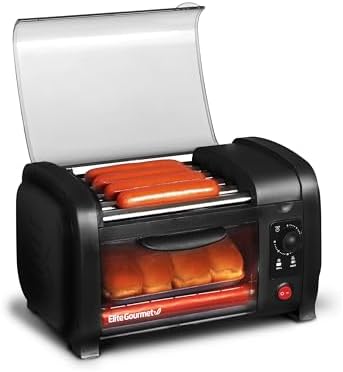 Elite Gourmet EHD-051B Hot Dog Toaster Oven, Steel Rollers, 4-Bun, Black