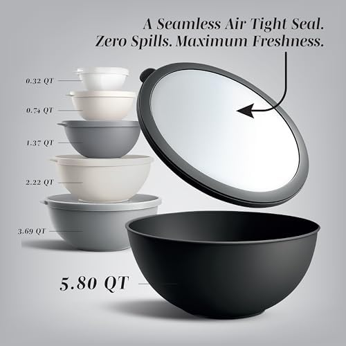 COOK WITH COLOR Mixing Bowls with TPR Lids - 12 Piece Plastic Nesting Set includes 6 Prep and Lids, Microwave Safe Bowl (Black Ombre)