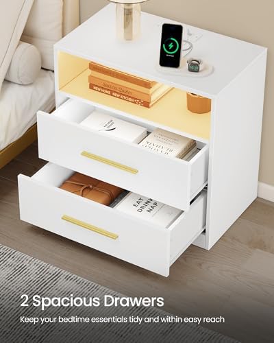 VASAGLE 23.6‑Inch Wide Nightstands, Set of 2, LED Lights, 2 Drawers