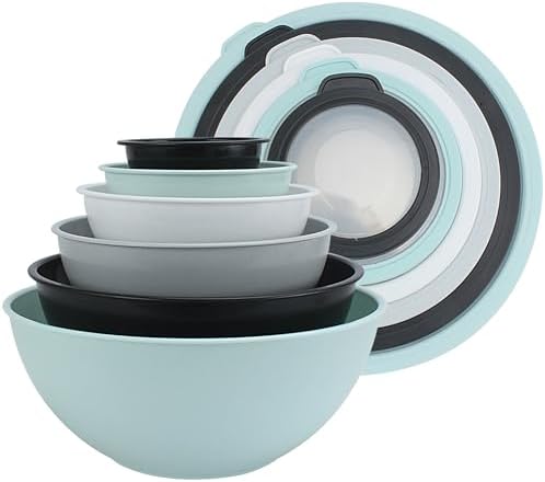 COOK WITH COLOR Mixing Bowls with TPR Lids - 12 Piece Plastic Nesting Bowls Set includes 6 Prep Bowls and 6 Lids, Microwave Safe Mixing Bowl Set (Mint)