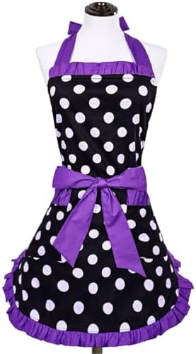 Violet Mist Vintage Apron for Women with Pockets Girls Cute Polka Dot Retro Stylish Apron Sexy Purple Dress 50s Aprons Pretty Ruffle Adjustable Neck Strap Flirty Halloween Mothers Gifts, Purple 2