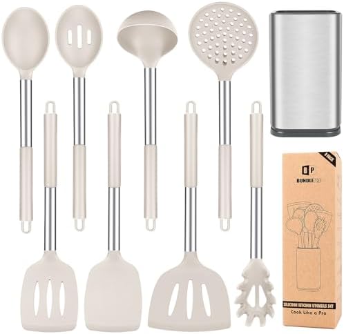 Silicone Kitchen Utensils Set, 8Pcs Cooking Utensils with Holder, Khaki