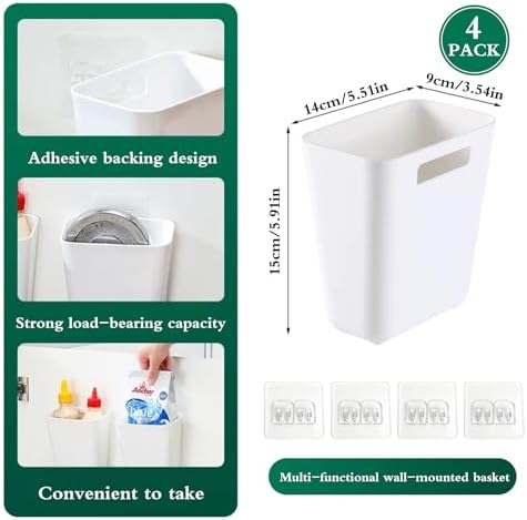 4 Pack Cabinet Door Organizer, Self Adhesive Wall Mount Storage Bins, No Drilling Food Grade ABS plastic for Kitchen, Bathroom, Refrigerator, Wardrobe, Under Sink, Desktop Sundries