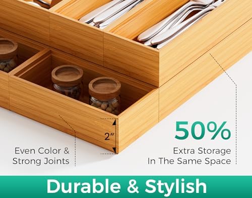 Small Bamboo Kitchen Drawer Organizer Boxes 6" x 3" Stackable Wood Tray