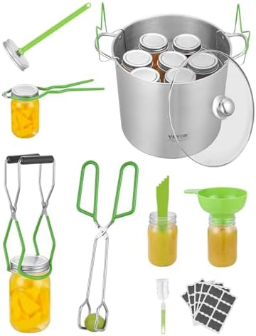VEVOR Canning Supplies Starter Kit, 9 Pieces Stainless Steel Water Bath Canning Kit for Beginners, Canning Tools Set: Pot, Rack, Lid, Funnel, Tongs, Jar Lifter, Wrench, Magnetic Wand, Bubble Propper