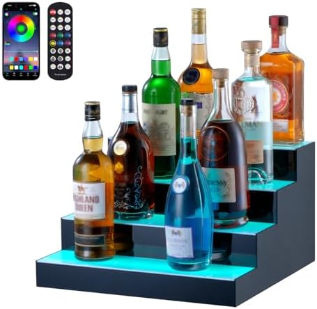 VEVOR LED Lighted Liquor Bottle Display, 4 Tiers 16 Inch Commercial Illuminated Home Bar Shelf, 4 Steps Whiskey Rack Stand, Acrylic Drink Shelves with RF Remote & App Control, and Multicolor Light