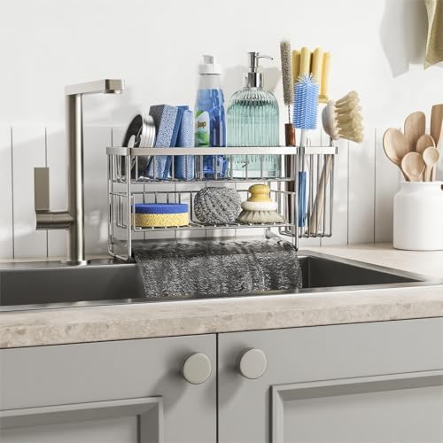 Cisily Silver 2-Tier Kitchen Sink Caddy Organzier Rack with Flexible Dish Brush Holder, Sponge Holder for Kitchen Sink Countertop Organization Storage,Home Decor Stainless Steel