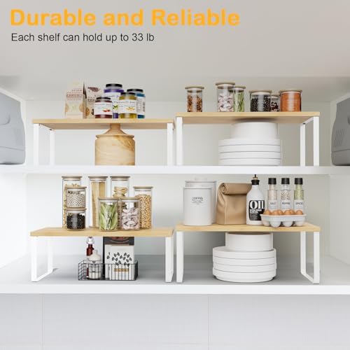 OGEMXU Cabinet Shelf Organizers, 15.7 inches Large Kitchen Counter Shelf, Set of 2 Wood Kitchen Pantry Organizer, Storage Shelves for Countertop, Spice Rack, Stackable, Expandable, Metal White, Nature