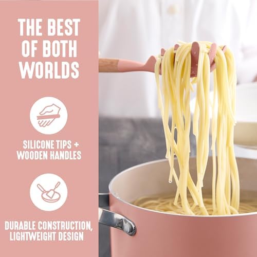 GreenLife 11 Piece Silicone Utensil Crock Set, Nonstick Kitchen Tools, Ladle, Turner, Slotted Turner, Spatula, Spoon, Spaghetti Server, Brush, Whisk, Tongs, Crock, Dusty Pink