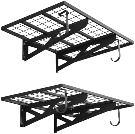 VEVOR 2-Pack Heavy Duty Garage Wall Shelving, 2 x 3 ft Steel Wall Mounted Shelving Unit with Hooks, 24 x 36 Inch Per Shelf Floating Storage Metal Rack for Garage, 500 lbs Total Weight Capacity