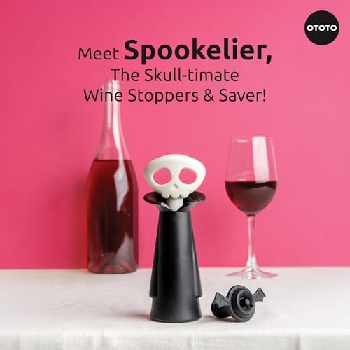 OTOTO Skull Wine Saver Pump and Stoppers - Halloween Gifts, Emo Accessories, Gothic Kitchen, Goth Gifts, Bat, Kitchen Gadgets - (Spookelier)