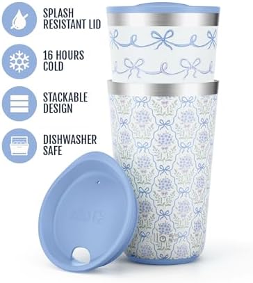 Ello 16oz Stainless Steel Stacking Cups with Lids, 2 Pack, Bows & Flowers