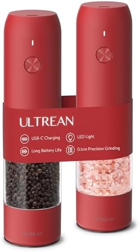 Ultrean Electric Salt and Pepper Grinder Set, Rechargeable,Red