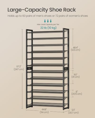 SONGMICS Metal Shoe Rack, 12-Tier Shoe Orgainzer, Holds 60-72 Pairs