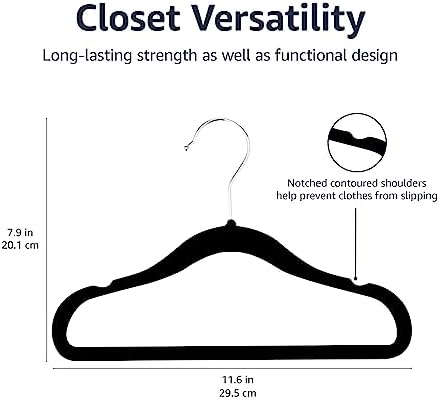 Amazon Basics Kids Space Saving Velvet Non-Slip Clothes Hangers with Shoulder Notches for Infant and Toddler, 11.6", Black, 50 Count (Pack of 4)