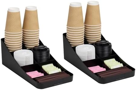 Mind Reader 7-Compartment Coffee Condiment Organizer, Cup and Lid Holder, Countertop Station for Coffee Bar, Breakroom, Kitchen, Set of 2, Black