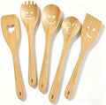 Smiley Face Wooden Spoons Set, 5-Piece Organic Bamboo Cooking Utensils
