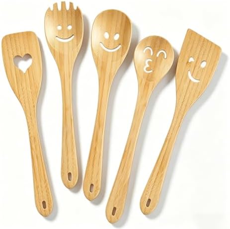 Smiley Face Wooden Spoons Set, 5-Piece Organic Bamboo Cooking Utensils