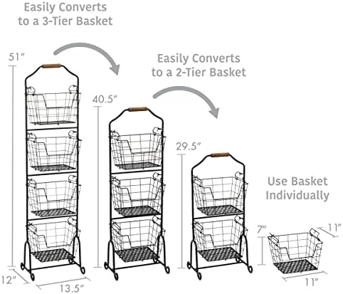 Mikasa Gourmet Basics Ferme 4-Tier Market Basket - Antique Black Wire and Acacia Wood Handle, Kitchen Fruit Vegetable Storage Organizer, 13.5 x 11.5 x 51 Inches