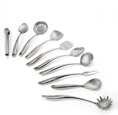Emeril Lagasse 10-Piece Stainless Steel Utensil Set – Premium 304 Mirror Finish Cooking Tools with Hanging Loops – Heat Resistant, Dishwasher Safe Kitchen Gadgets for Nonstick Cookware