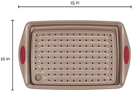 Rachael Ray Cucina Nonstick Bakeware Set with Grips, Nonstick Cookie Sheet / Baking Sheet with Crisper Pan - 2 Piece, Latte Brown with Cranberry Red Handle Grips