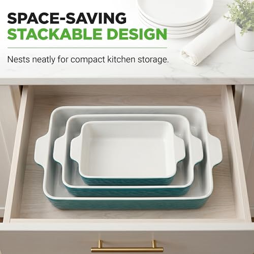NutriChef 3-pc Casserole Dish Set for Oven, Ceramic Lasagna Baking Dishes, Deep Serving Dish with Handles - Aqua, (14.7"/ 10.8"/ 7.9")