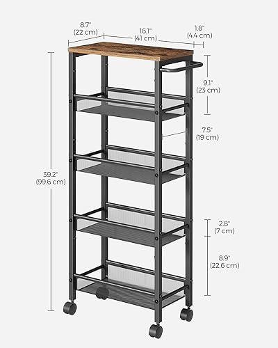 VASAGLE 5-Tier Slim Rolling Storage cart with Wheels, 8.7 Inches, Metal
