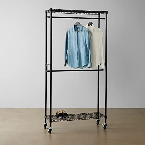 Amazon Basics Adjustable Double Rod Rolling Garment Rack, Hanging Clothes Closet Organizer with Wheels, Heavy Duty, 36" x 14" x 72", Black