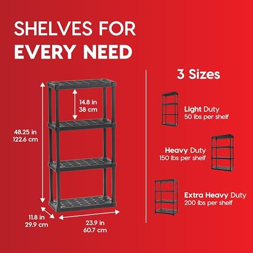 IRIS USA 4-Shelf Light Duty Plastic Storage Shelves, 200lb Capacity, 48" H x 24" W x 12" D, Medium Modular Shelving Unit Storage Organizer for Bathroom, Laundry, Garage & Home, Storage Rack - Black