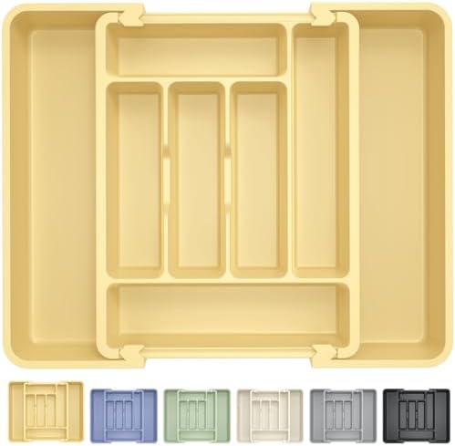 Caperci Large Silverware Organizer for Kitchen Drawer & Utensils - Expandable Drawer Organizer for Cutlery, Flatware & Gadget, BPA-Free Thick Plastic, Wider Compartments & Non-skid Feet (Desert Sand)