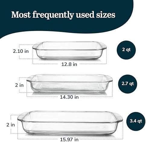 Libbey Baker's Basics 3-Piece Rectangular Glass Casserole Baking Dish Set, Clear, 2 Qt, 2.7 Qt, 3.4 Qt, Transparent, Stackable, Dishwasher Safe