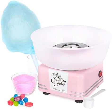 Nostalgia Countertop Cotton Candy Machine – Use Normal or Sugar-Free Candy or Flossing Sugar – Includes 2 Reusable Cones and Measuring Scoop – Pink