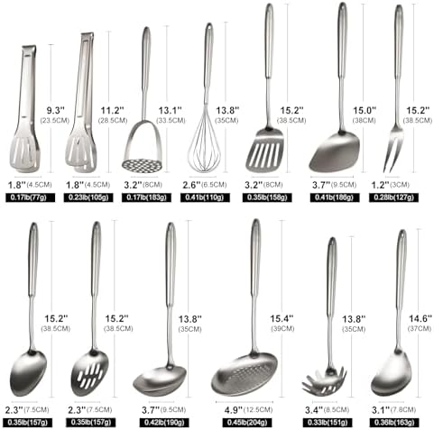 304 Stainless Steel Cooking Utensils Set, 13 PCS Long Large Metal Cooking Utensil Tools Set, Mirror Polished Kitchen Gadget Cookware and Kitchen Tool Set, Dishwasher Safe