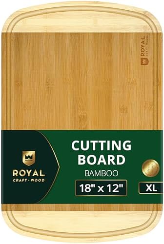 ROYAL CRAFT WOOD Wooden Cutting Boards for Kitchen Meal Prep & Serving - Bamboo Wood Serving Board Set with Deep Juice Groove Side Handles - Charcuterie & Chopping Butcher Block for Meat