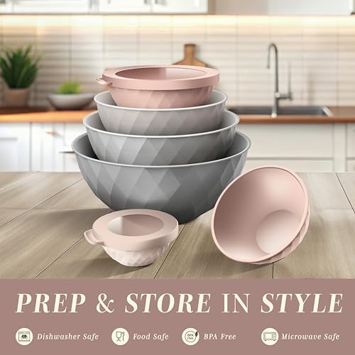 COOK WITH COLOR Mixing Bowls with Lids - 12 Piece Plastic Nesting Bowls Set includes 6 Prep Bowls and 6 Lids, Microwave Safe Mixing Bowl Set, Grey/Pink Diamond