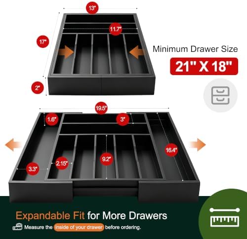 Large Premium Bamboo Silverware Organizer - Expandable Drawer Organizer & Utensil Organizer - 17"x19.7" Cutlery Tray with Dividers for Kitchen Utensils and Flatware (7-9 Slots) (Black)