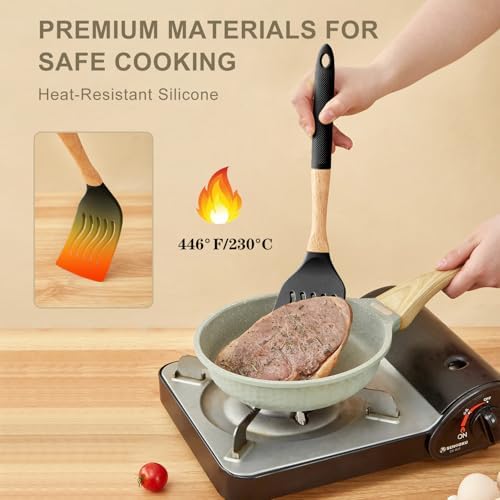 Kitchen Utensils Set - 7 PCS Non-Stick Silicone Cooking Utensils Set Spatula Set with Holder, Wooden Handle Spoon,Tongs,Whisk Kitchen Gadgets Tools Set for Nonstick Cookware (Black-7Max)