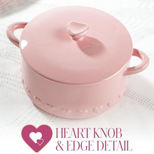 Paris Hilton Iconic Ceramic Stoneware Casserole Dish With Lid, Oven Safe Up To 450°F, Dishwasher & Microwave Safe, 28oz, Pink with Embossed Heart Design