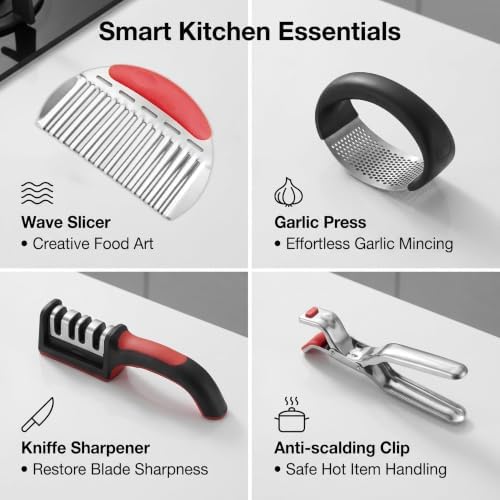 13-Piece Kitchen Gadget Set (Includes Storage Basket) — Features Kitchen Shears, Garlic Press, Knife Sharpener, Julienne Peeler, Standard Peeler, Anti-Scald Tongs (13 PCS)