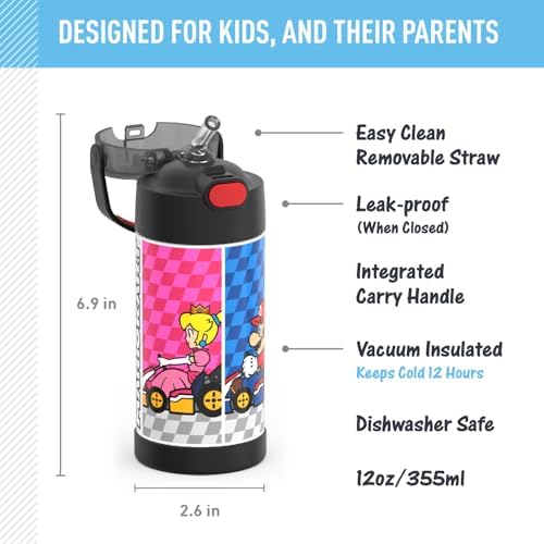 THERMOS FUNTAINER Water Bottle with Straw - 12 Ounce - Kids Stainless Steel Vacuum Insulated Water Bottle with Lid, Super Mario Brothers (Pack of 6)
