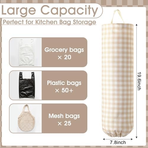 Gingham Plastic Bag Holder for Grocery Bag, Milkshake Tan